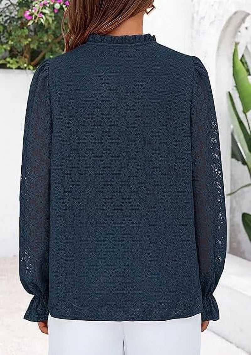 Lace Long Sleeve Tops for Women Eyelet Blouses Dressy Casual Hollow Out Button down Shirts Spring Fashion