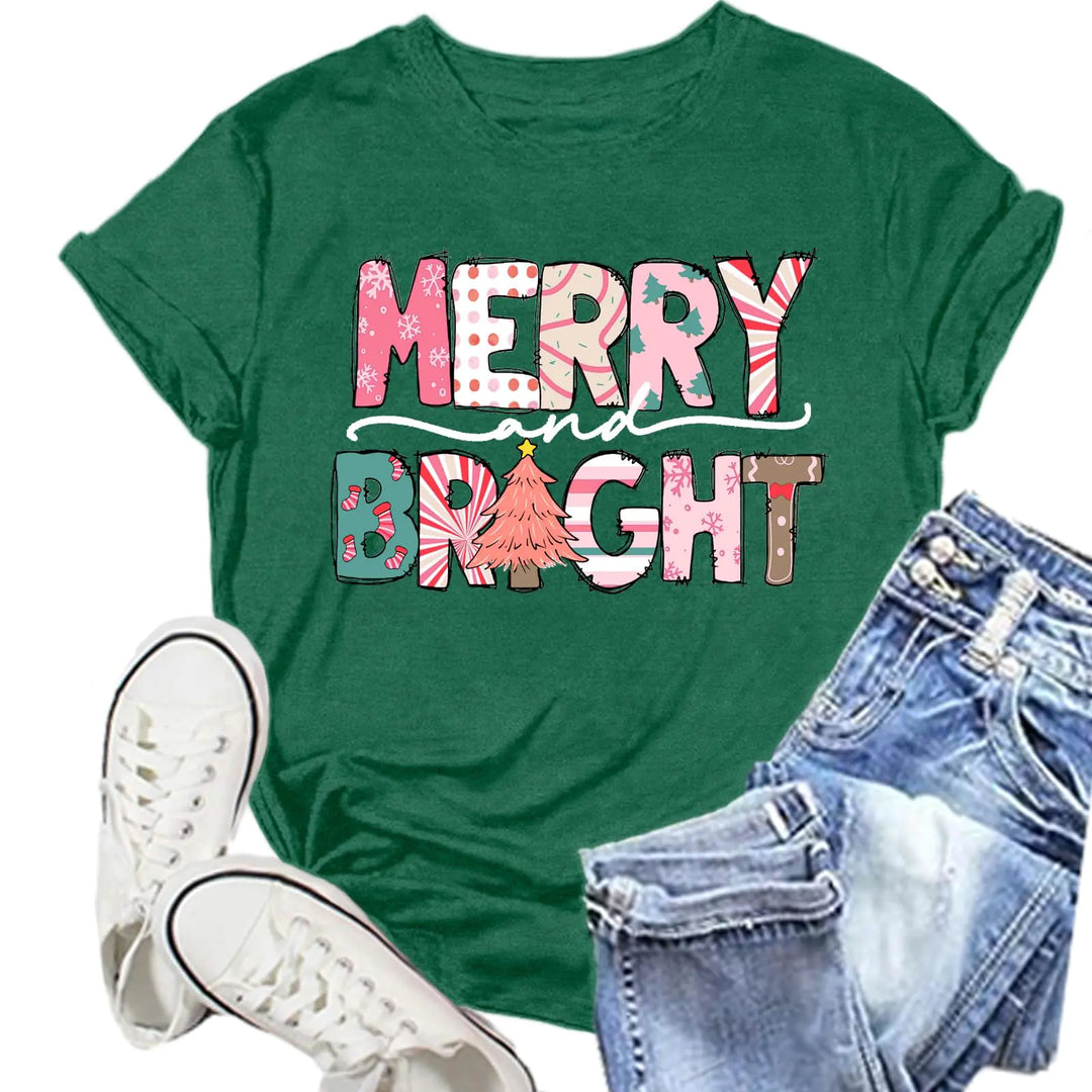 NEWKA Womens Merry and Bright Shirt Merry Christmas Tshirt Christmas Tree Tee Shirts