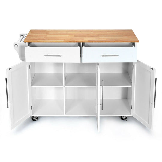 Kitchen Island Trolley Cart Wood Top Rolling Storage Cabinet-White