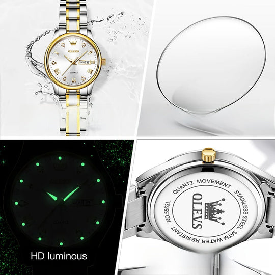 Women's Gold Stainless Steel Quartz Watch Dual Calendar