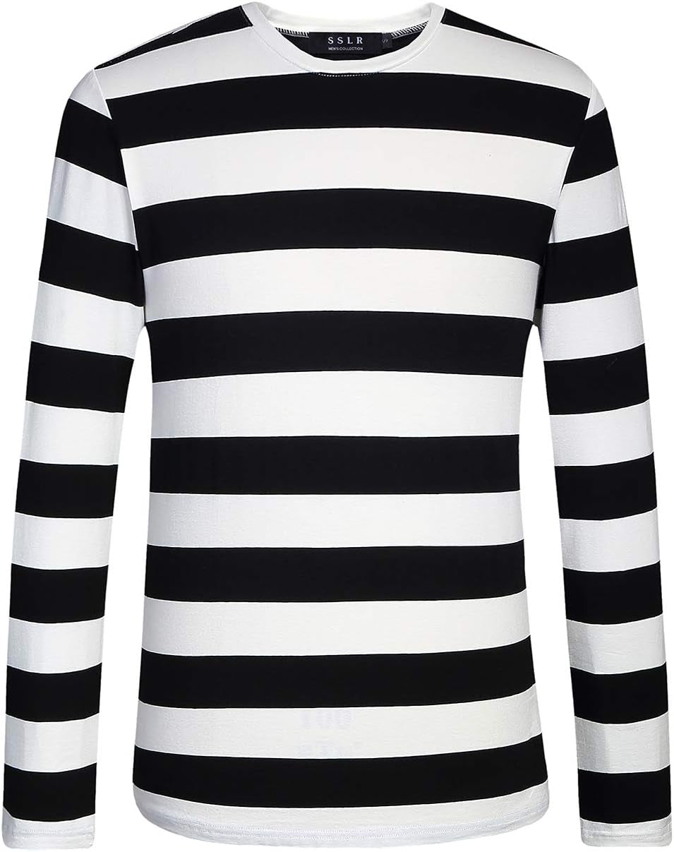 -Long-Sleeve-Tee-Shirts-For-Men-Striped T Shirts Crewneck Cotton Causal (Xx-Large, Black White)