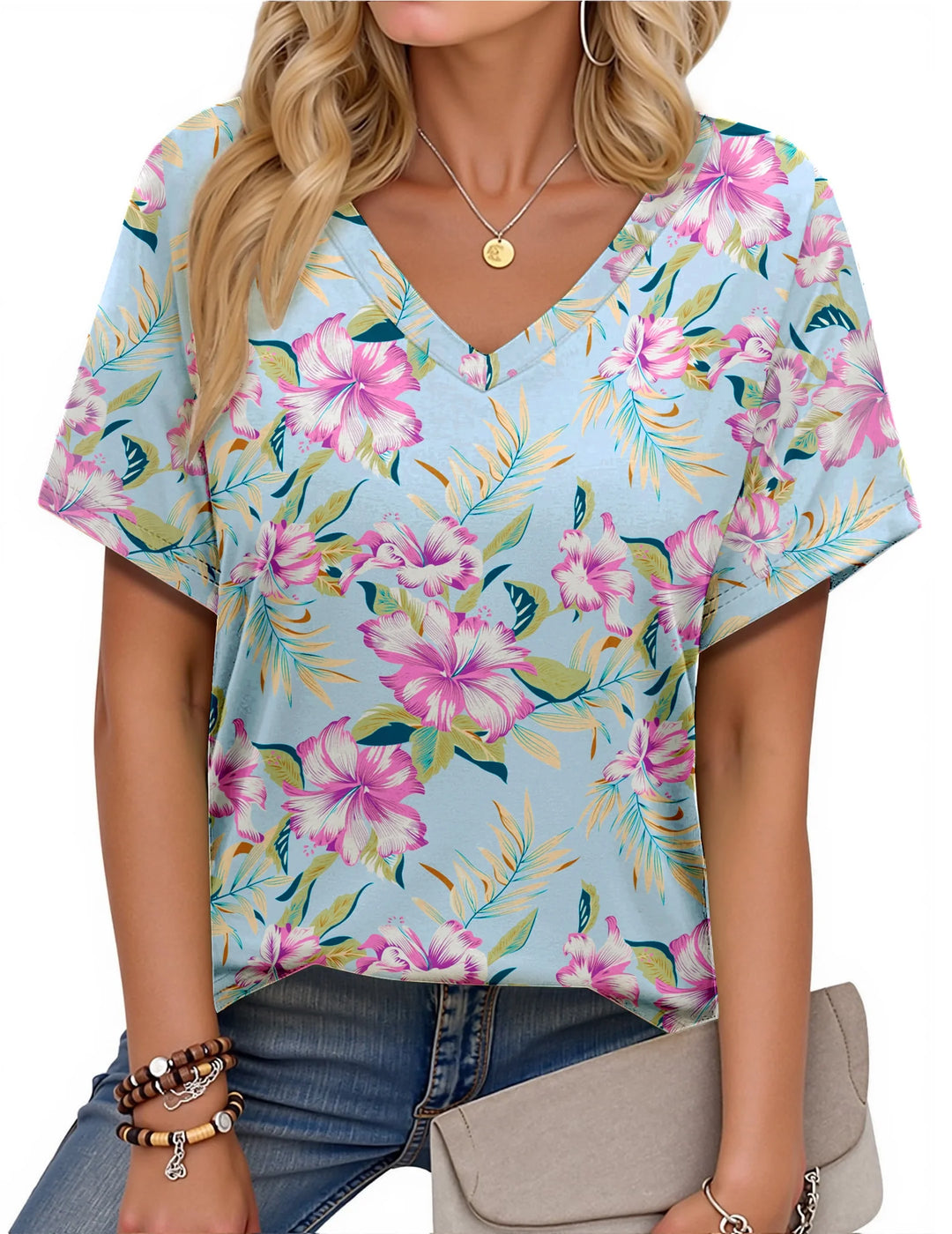V Neck T Shirts for Women Floral Summer Tops Short Sleeve Shirts Casual Tunic Tops