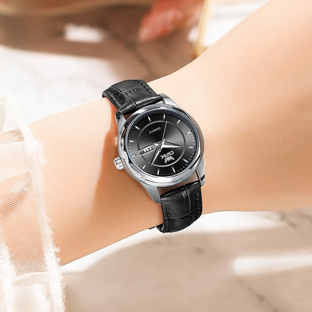 Women's Leather Strap Quartz Watch Silver Case Dual Day