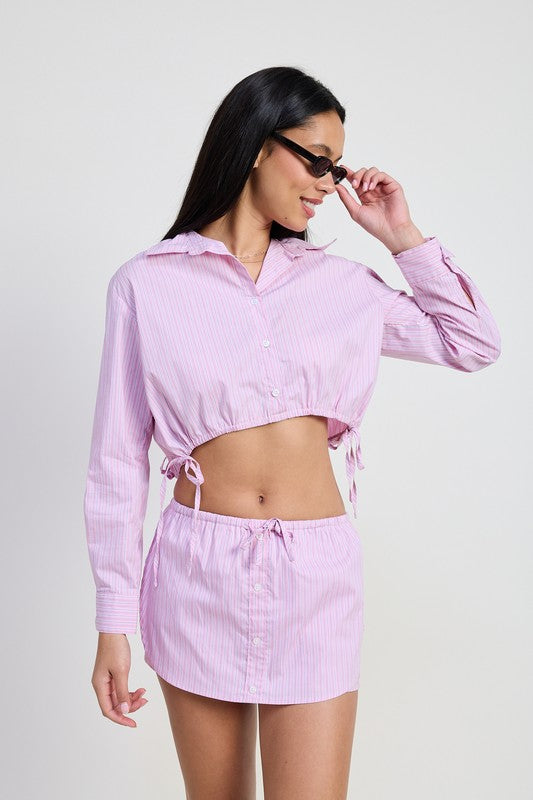 BUTTON UP TOP CROPPED TOP WITH DRAWSTRING