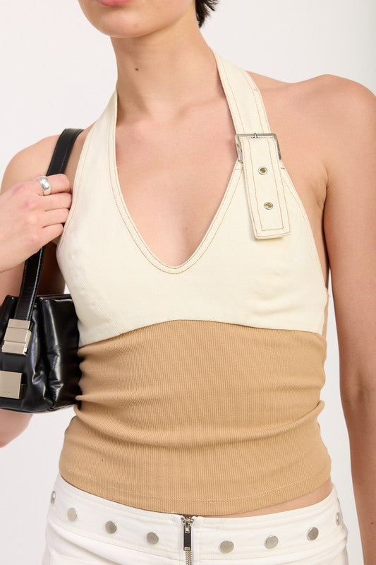 TWO TONE HALTER CROP TOP WITH BUCKLE DETAIL