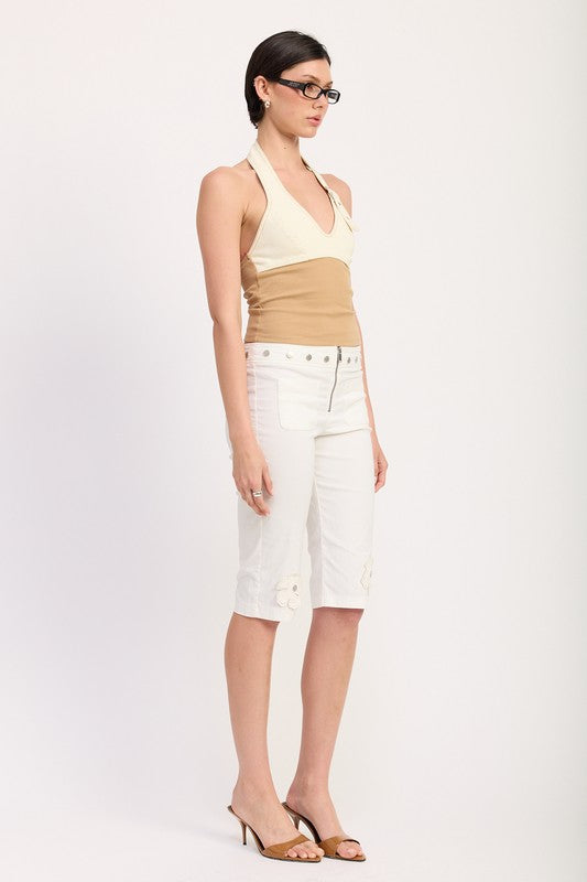 TWO TONE HALTER CROP TOP WITH BUCKLE DETAIL