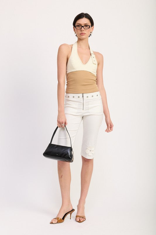 TWO TONE HALTER CROP TOP WITH BUCKLE DETAIL