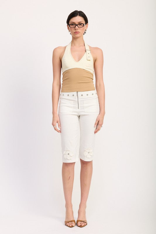 TWO TONE HALTER CROP TOP WITH BUCKLE DETAIL