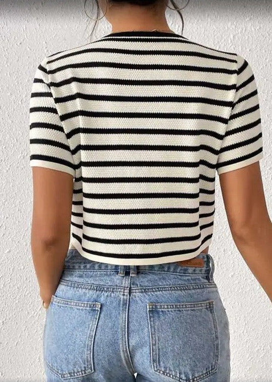 Striped Cropped Knit Top with Lace-Up Front