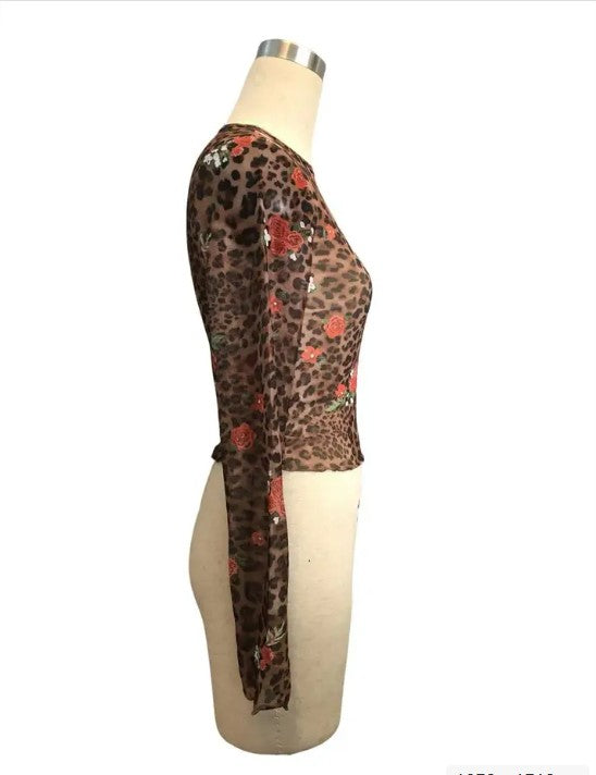 Cropped mesh ruffle hem floral leopard top