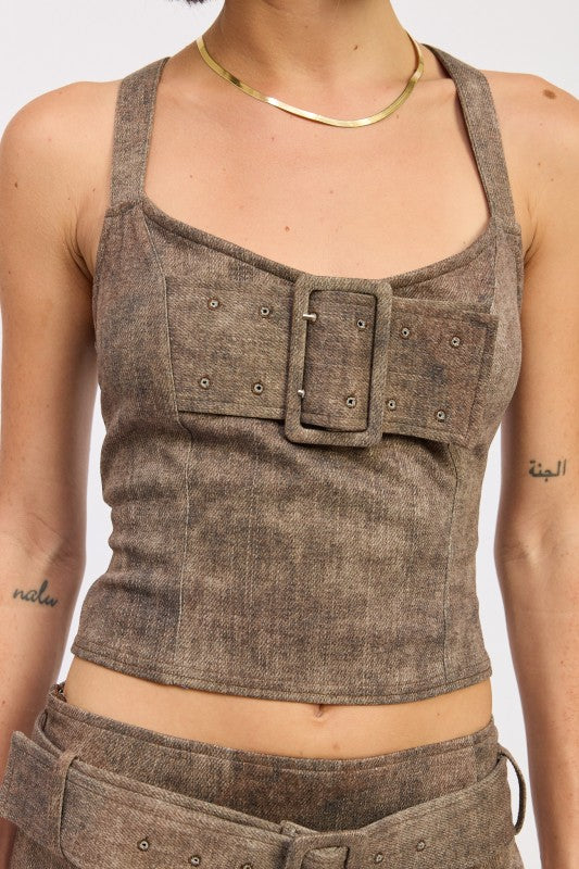 BUSTIER BELTED DENIM CROP TOP WITH BUCKLE DETAIL