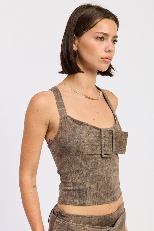 BUSTIER BELTED DENIM CROP TOP WITH BUCKLE DETAIL