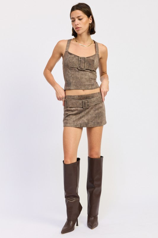 BUSTIER BELTED DENIM CROP TOP WITH BUCKLE DETAIL