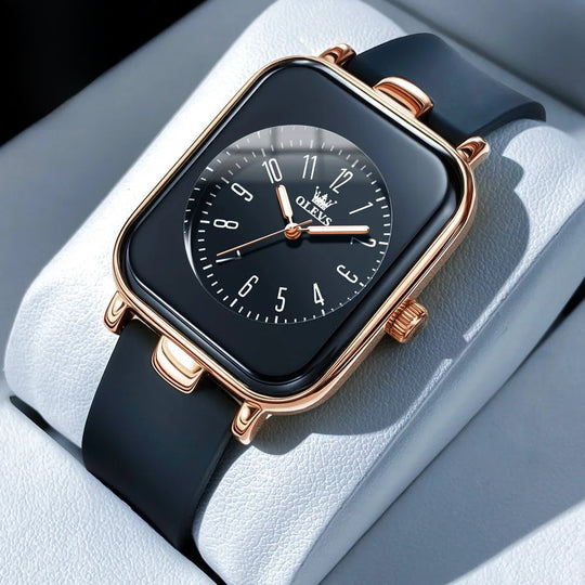 Women's Rectangular Gold Tone Quartz Watch Silicone Strap