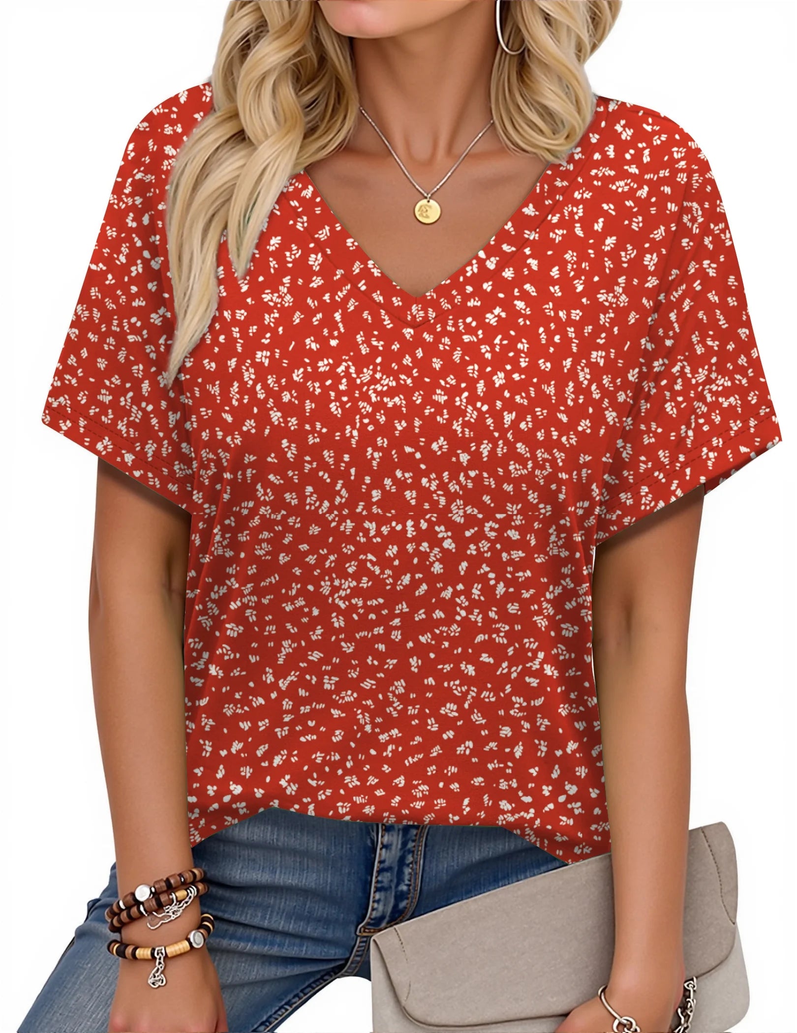 V Neck T Shirts for Women Floral Summer Tops Short Sleeve Shirts Casual Tunic Tops