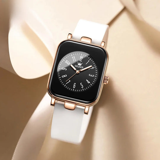 Women's Rectangular Gold Tone Quartz Watch Silicone Strap