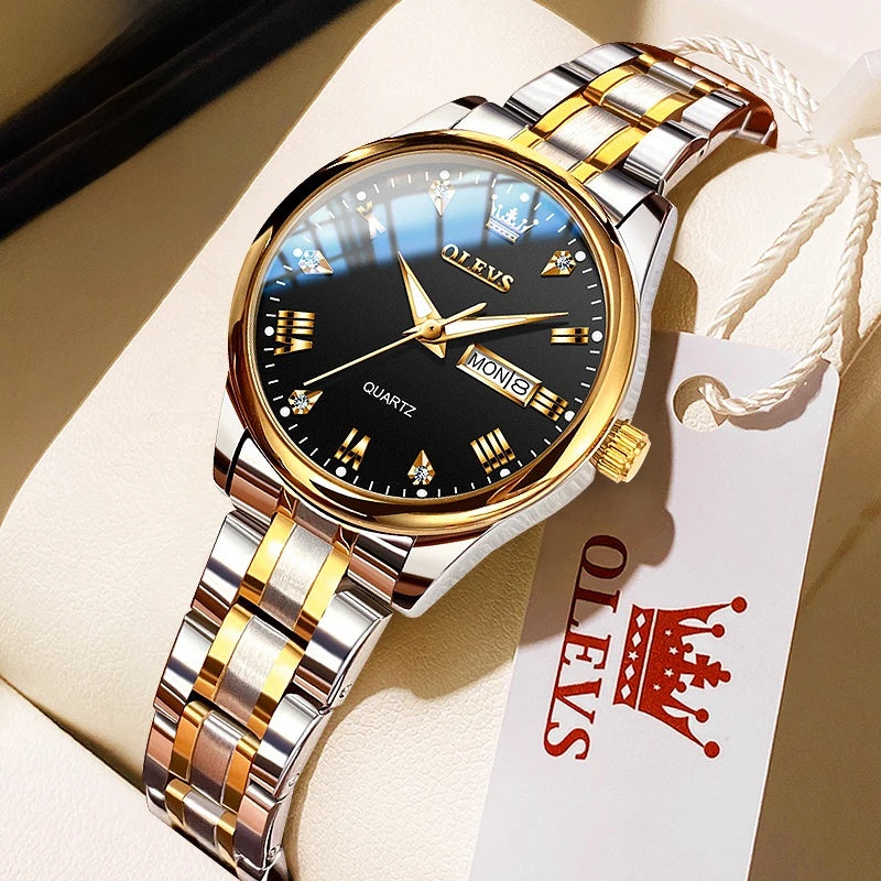 Women's Gold Stainless Steel Quartz Watch Dual Calendar