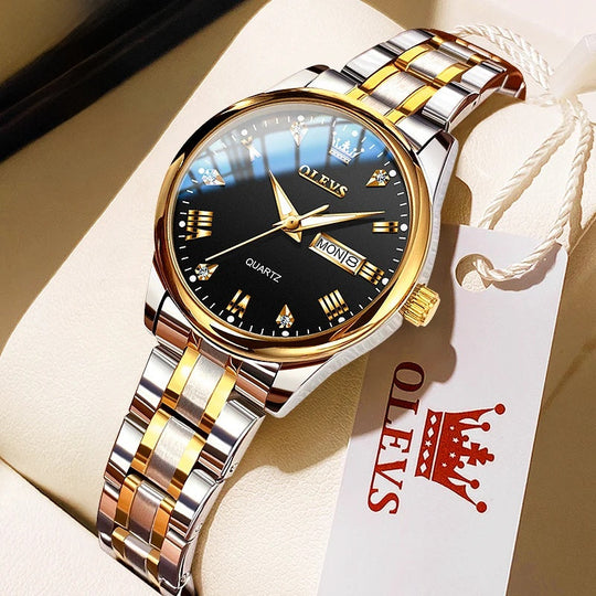 Women's Gold Stainless Steel Quartz Watch Dual Calendar