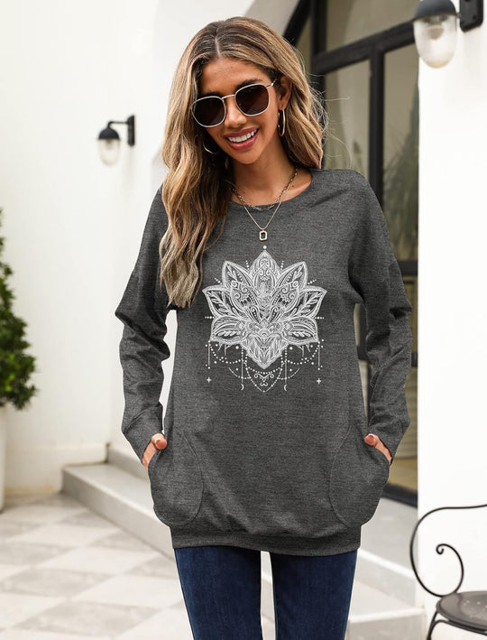 Womens Casual Loose Fit Shirts Long Sleeve Comfy T-Shirts Pullover Sweatshirts with Pockets
