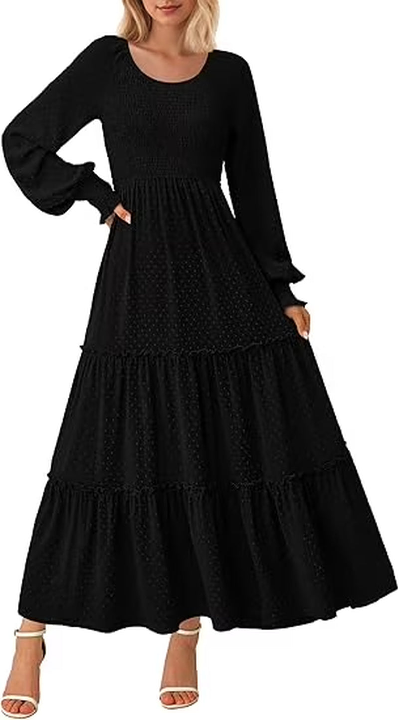 Women'S Smocked Maxi Dress Spring Casual Long Sleeve Swiss Dot Ruffle Long Flowy Going Out Dresses with Pockets