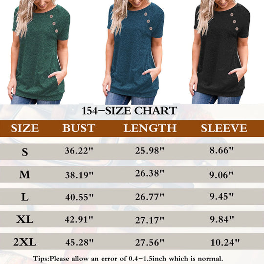 Women'S Tops Short Sleeve Blouse Summer Casual T Shirts Loose Fit Tunic Top with Side Button Black Tees