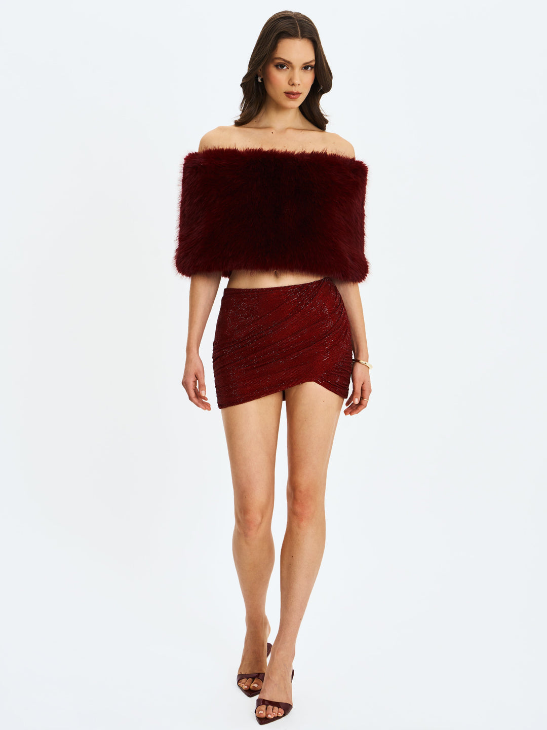 Darla Burgundy Faux Fur Off-Shoulder Cropped Top