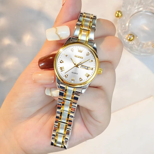 Women's Gold Stainless Steel Quartz Watch Dual Calendar