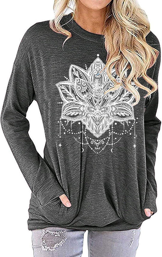 Womens Casual Loose Fit Shirts Long Sleeve Comfy T-Shirts Pullover Sweatshirts with Pockets