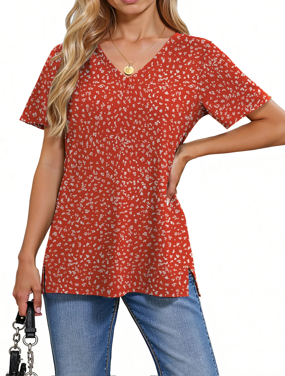 V Neck T Shirts for Women Floral Summer Tops Short Sleeve Shirts Casual Tunic Tops
