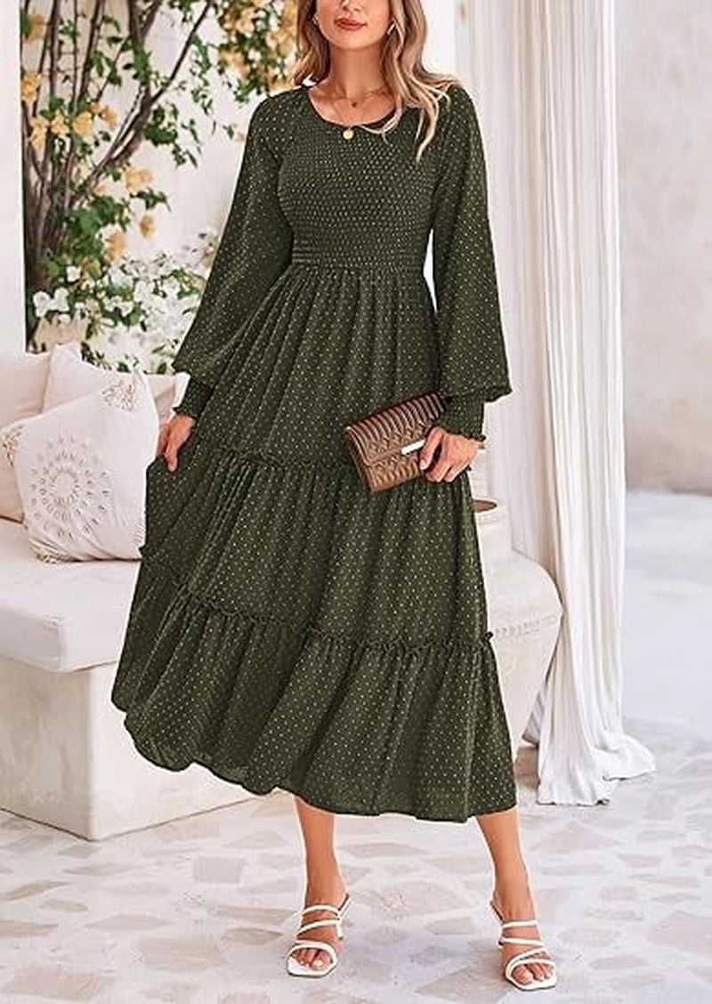 Women'S Smocked Maxi Dress Spring Casual Long Sleeve Swiss Dot Ruffle Long Flowy Going Out Dresses with Pockets