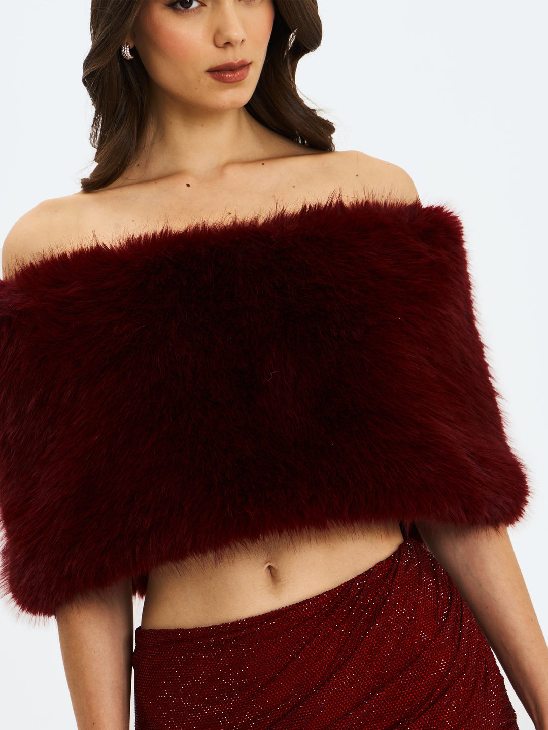 Darla Burgundy Faux Fur Off-Shoulder Cropped Top