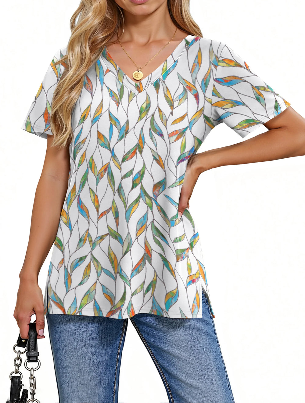 V Neck T Shirts for Women Floral Summer Tops Short Sleeve Shirts Casual Tunic Tops