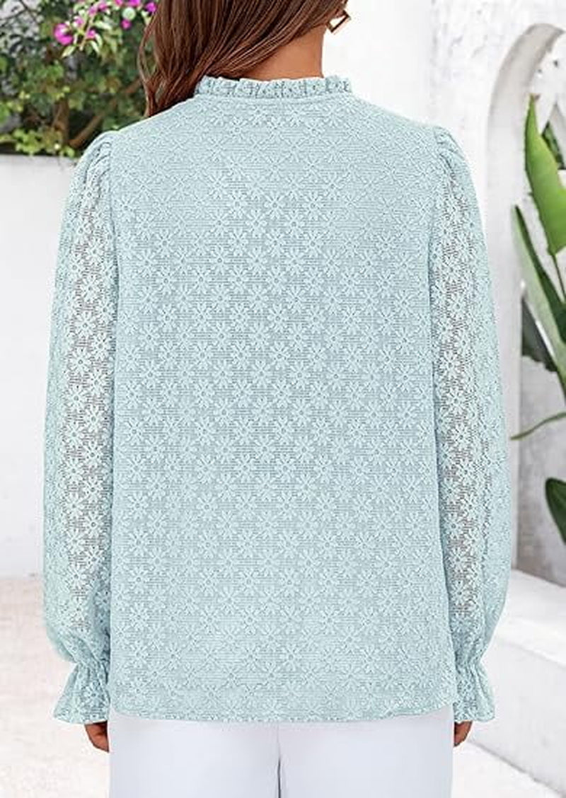 Lace Long Sleeve Tops for Women Eyelet Blouses Dressy Casual Hollow Out Button down Shirts Spring Fashion