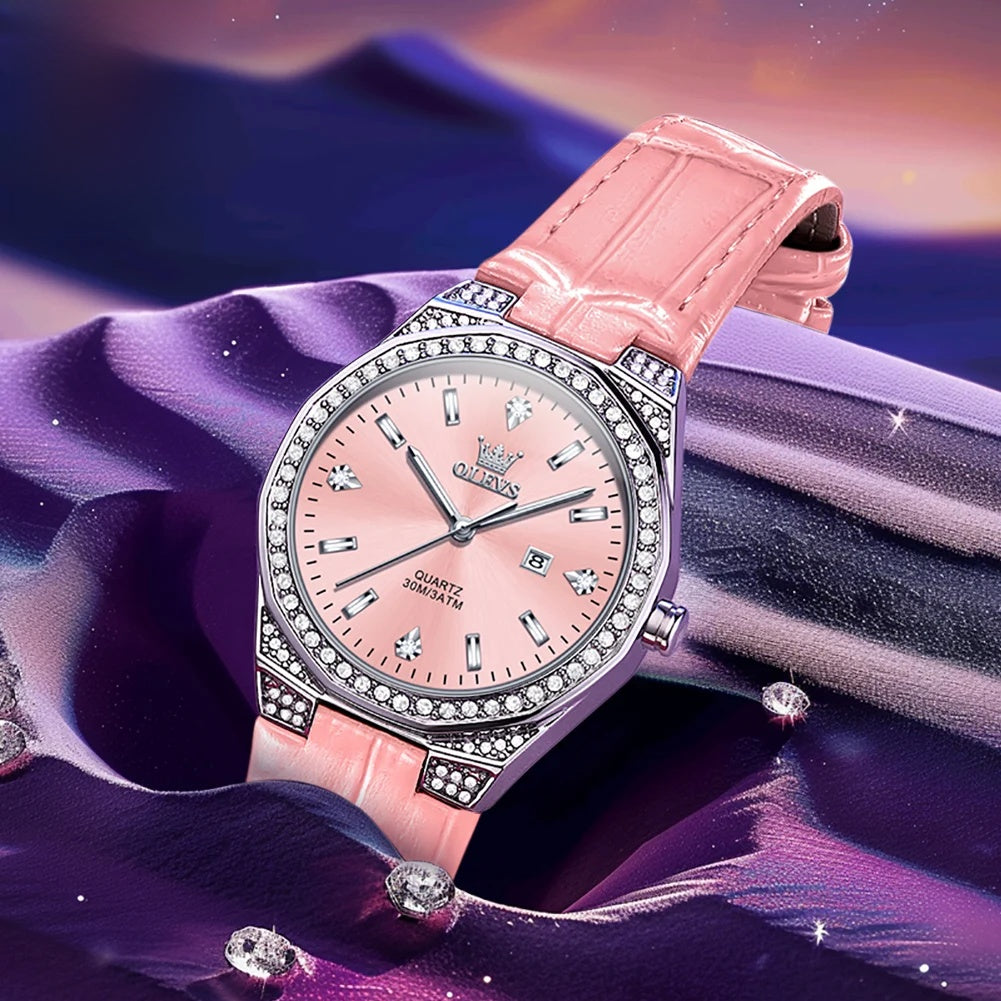 Women's Leather Strap Crystal Bezel Watch Rose Gold Luxury