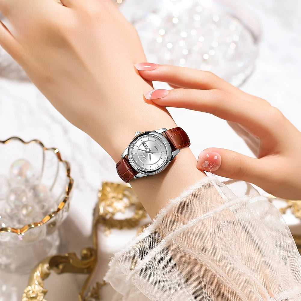 Women's Leather Strap Quartz Watch Silver Case Dual Day