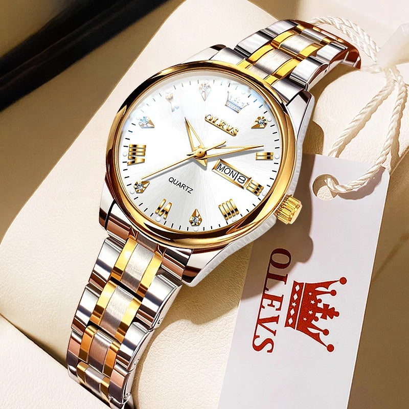 Women's Gold Stainless Steel Quartz Watch Dual Calendar