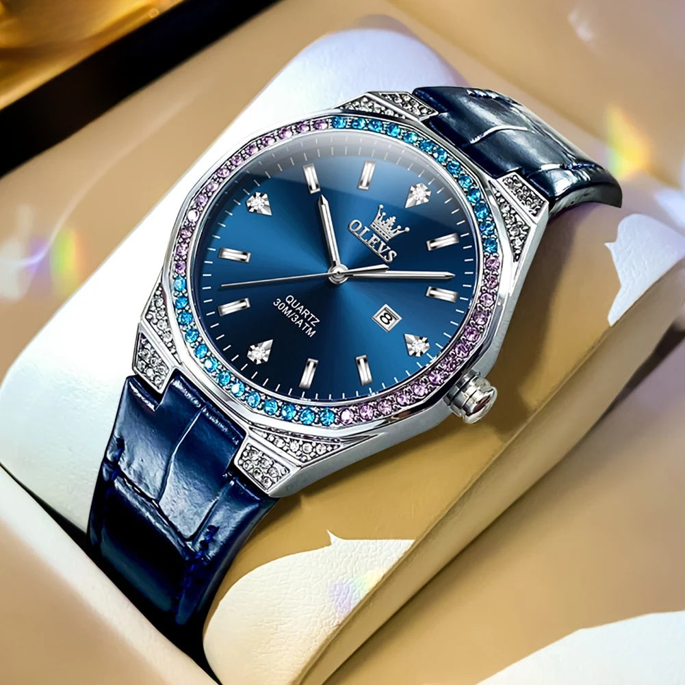 Women's Leather Strap Crystal Bezel Watch Rose Gold Luxury