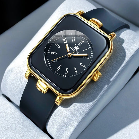 Women's Rectangular Gold Tone Quartz Watch Silicone Strap