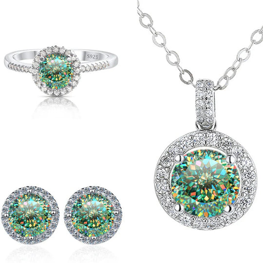 6.5mm Moissanite 925 Sterling Silver Bridal Jewelry Set Ring Earring Pendant