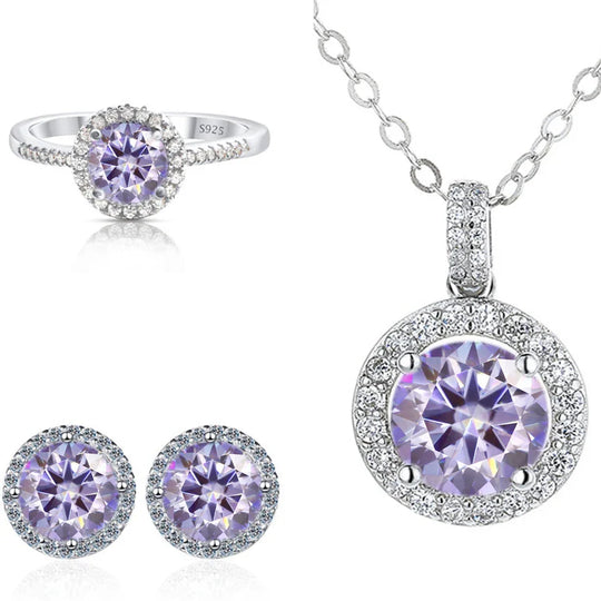 6.5mm Moissanite 925 Sterling Silver Bridal Jewelry Set Ring Earring Pendant