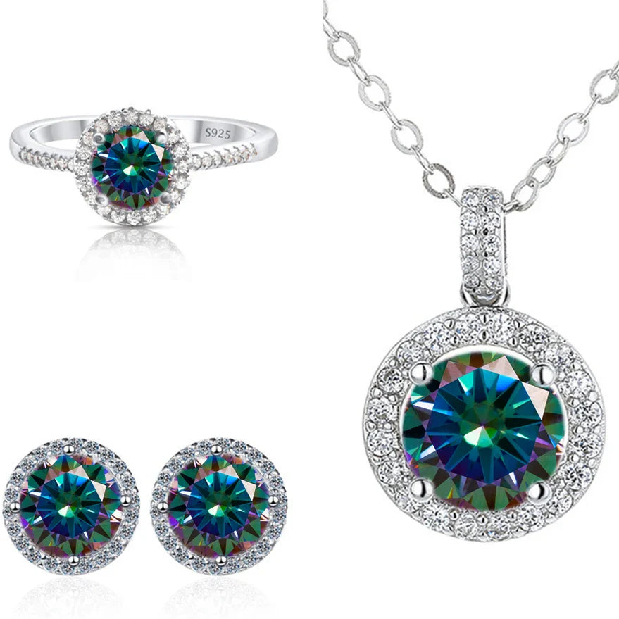 6.5mm Moissanite 925 Sterling Silver Bridal Jewelry Set Ring Earring Pendant