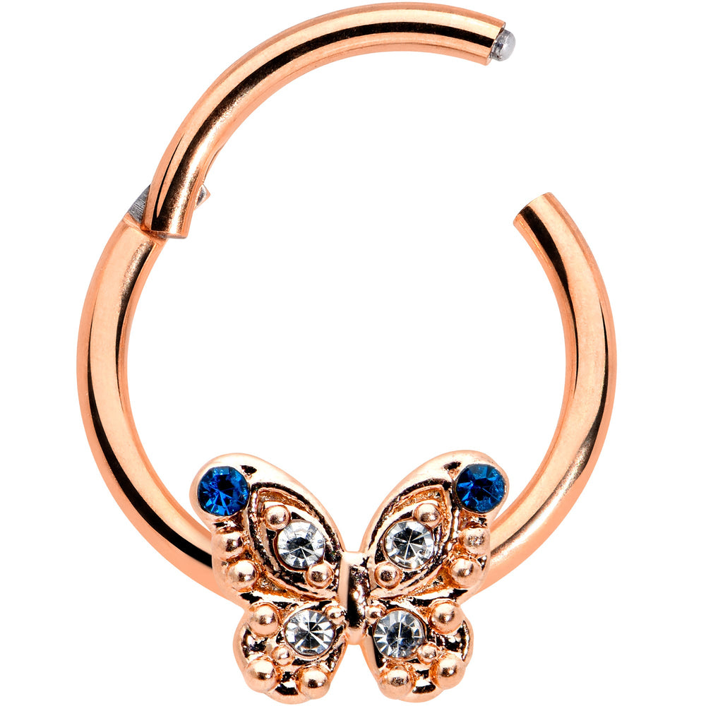 16G 3/8 Blue Gem Rose Gold Tone Butterfly Hinged Segment Ring