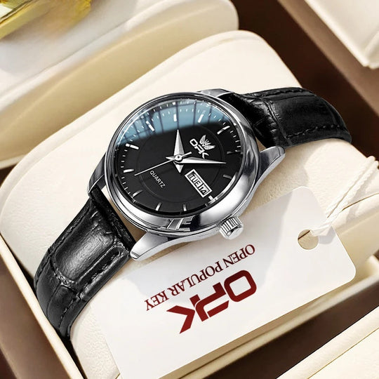 Women's Leather Strap Quartz Watch Silver Case Dual Day