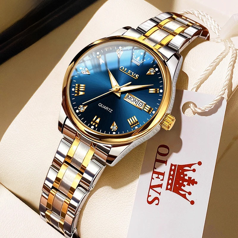 Women's Gold Stainless Steel Quartz Watch Dual Calendar