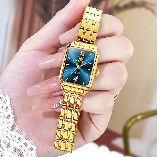 Women's Gold Stainless Steel Rectangular Dress Watch