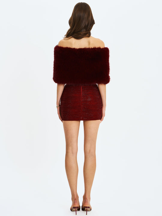 Darla Burgundy Faux Fur Off-Shoulder Cropped Top