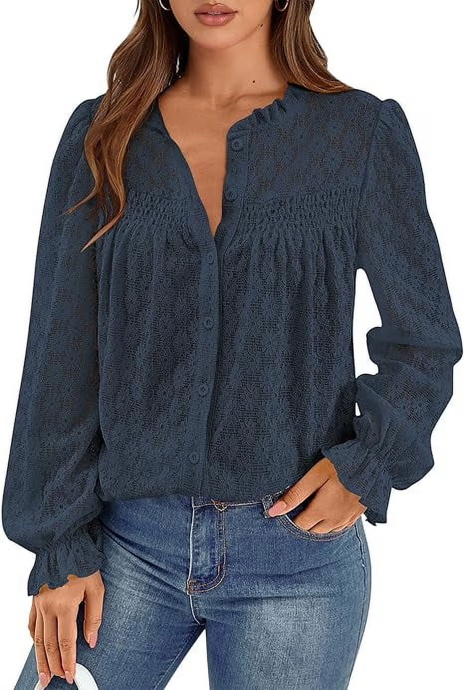 Lace Long Sleeve Tops for Women Eyelet Blouses Dressy Casual Hollow Out Button down Shirts Spring Fashion