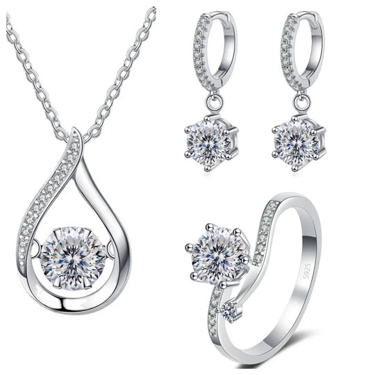 925 Silver Moissanite Jewelry Set Necklace Ring Stud Earrings Solitaire
