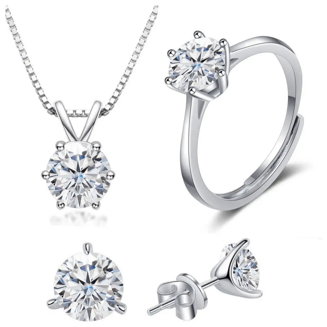 925 Sterling Silver 1ctx4 D Moissanite Necklace Earrings Set Bridal Jewelry