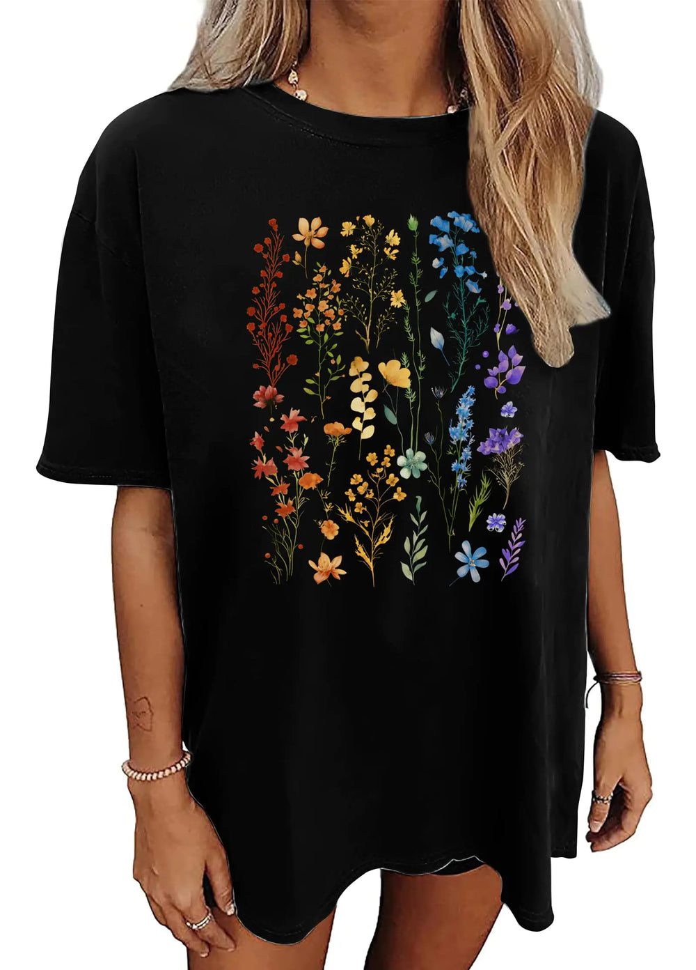 Womens Oversized Tshirt Flower Graphic Tees Boho Wildflower Shirts Casual Loose Vintage Floral Tops